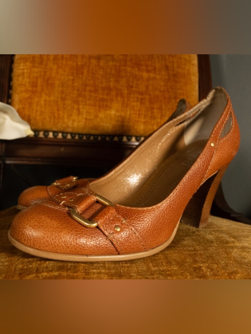 SIZE 7.5 Franco Sarto Cognac Leather Buckle Heels